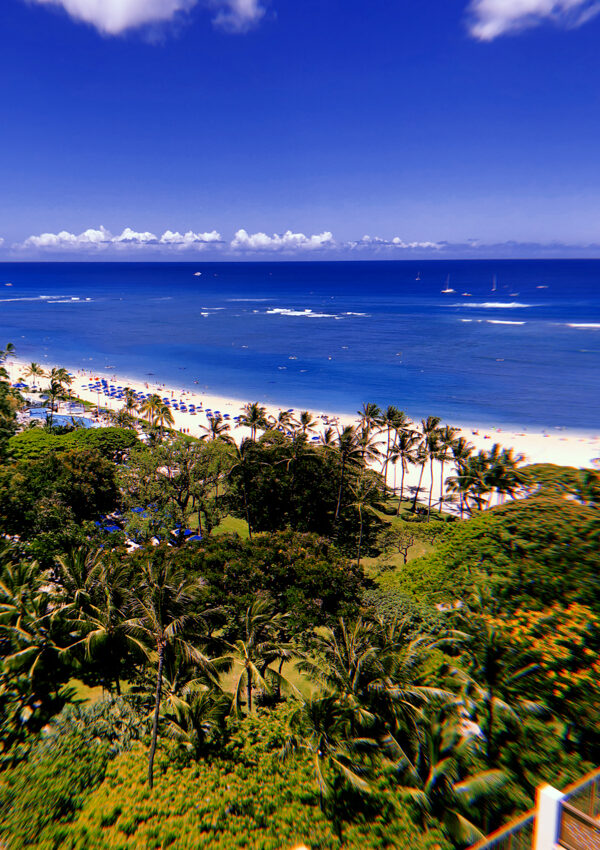 overlook of trees and beach from Hawaii hotel balcony